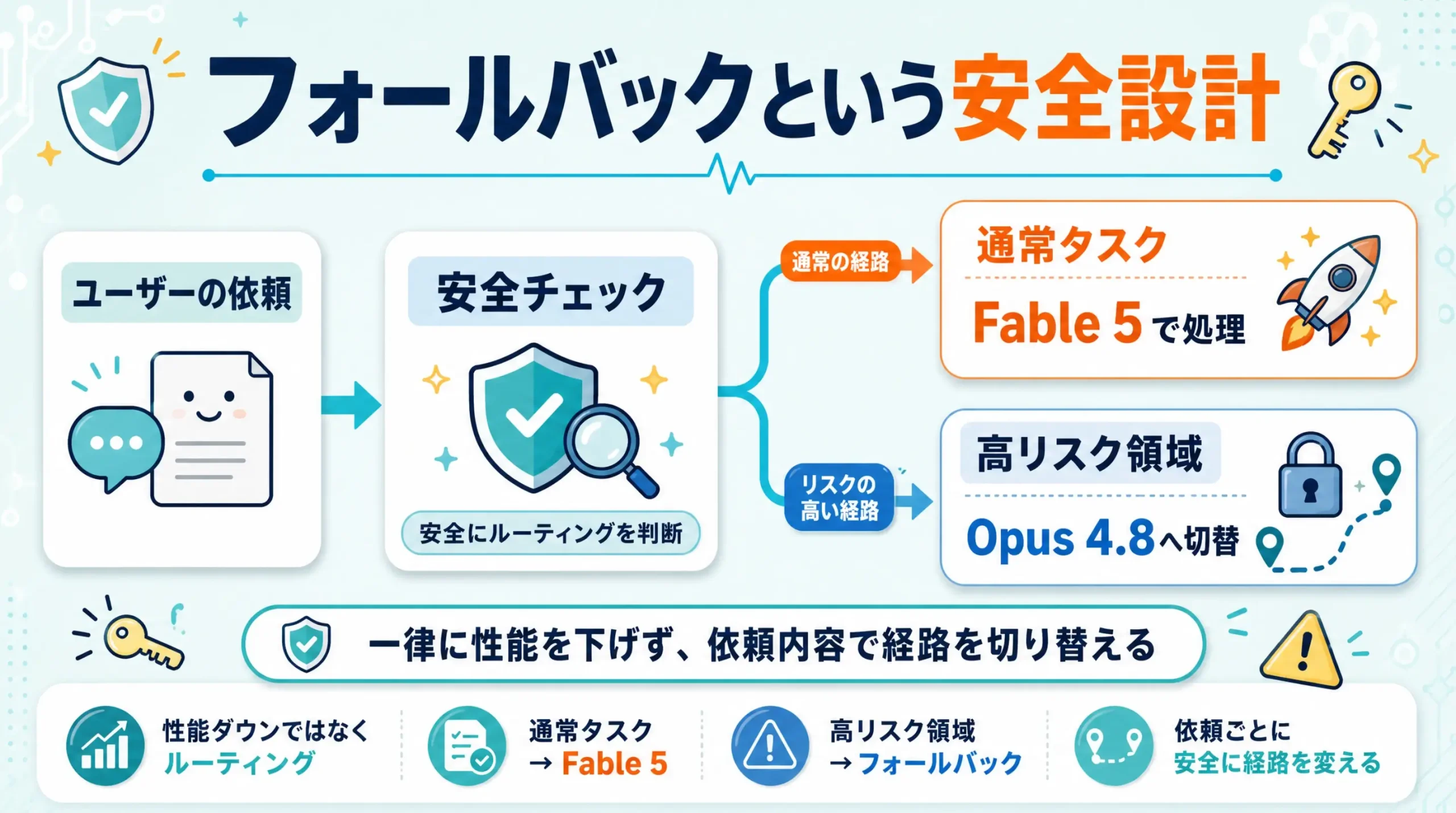 Fable 5のフォールバック安全設計の解説図(高リスク処理はOpus 4.8へ切り替え)