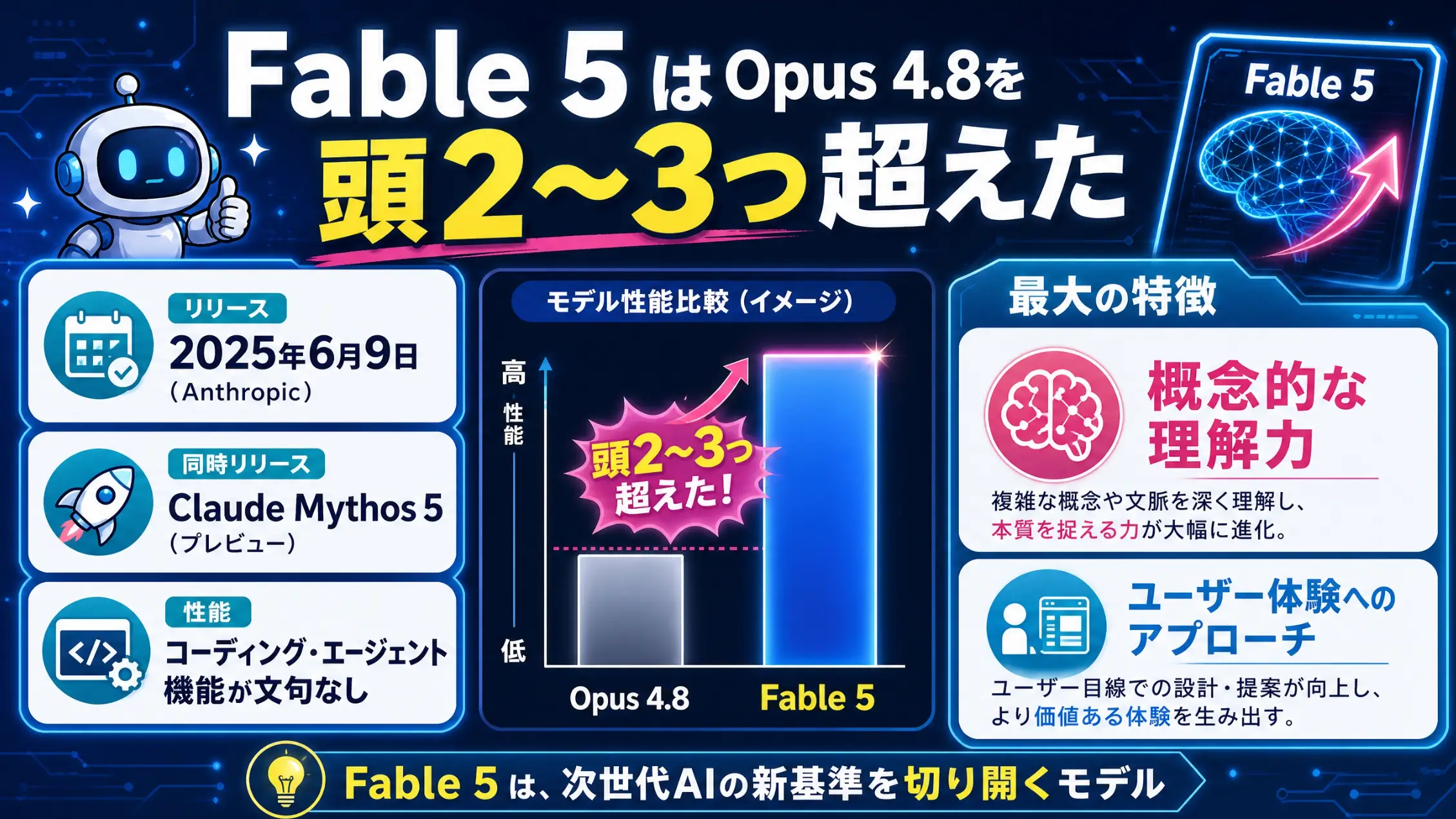 Fable 5がOpus 4.8より性能で頭2〜3つ抜けていたことを示す比較図