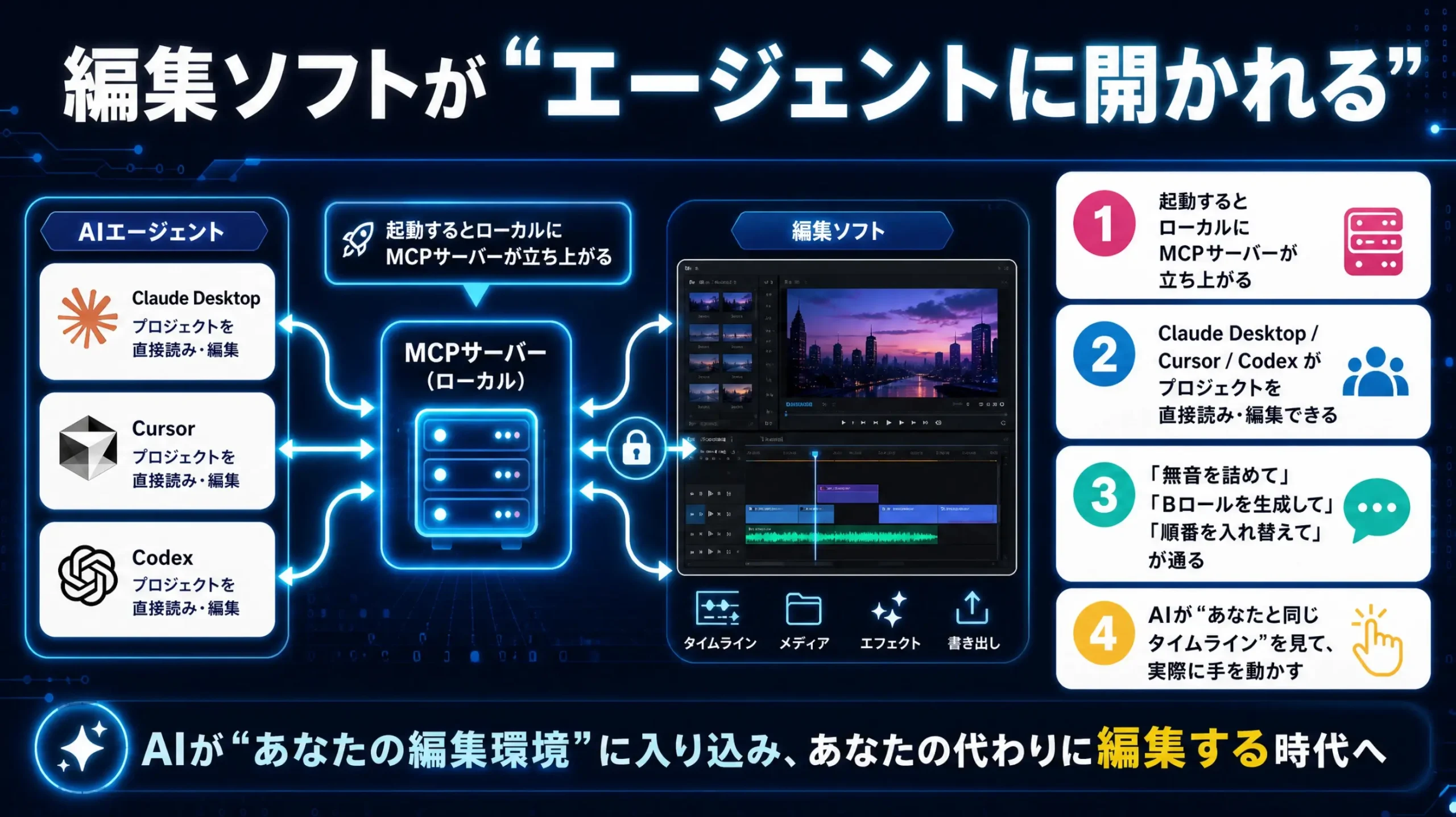AIエージェントがMCP経由で編集ソフトを操作する仕組みの図解