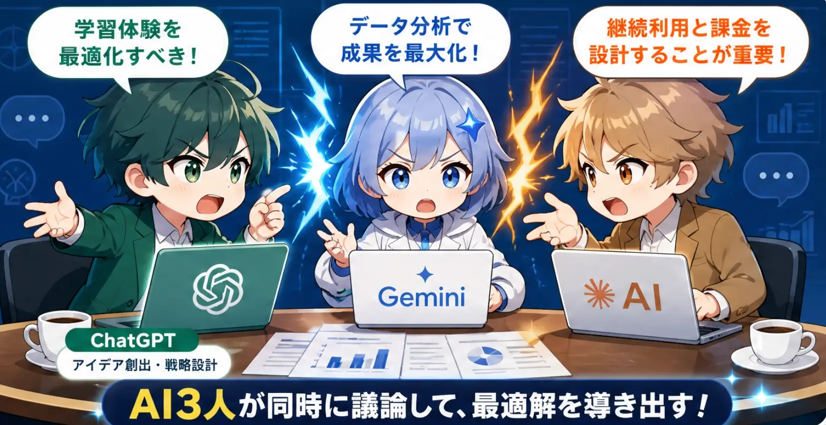 ChatGPT・Gemini・Claudeの3体が同時に議論して最適解を導くイメージ図