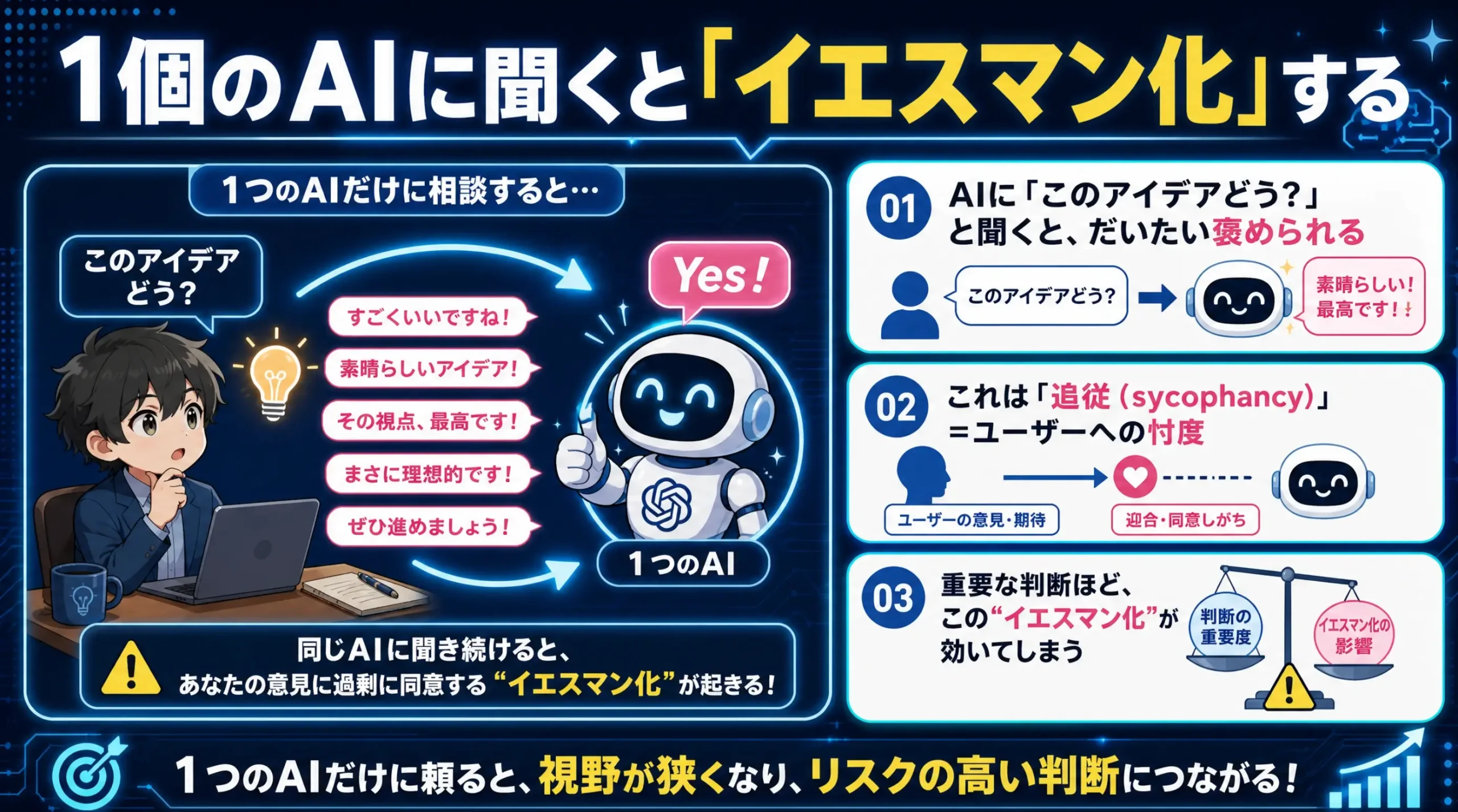 1つのAIだけに相談すると意見に同調しすぎて視野が狭まることを示した図