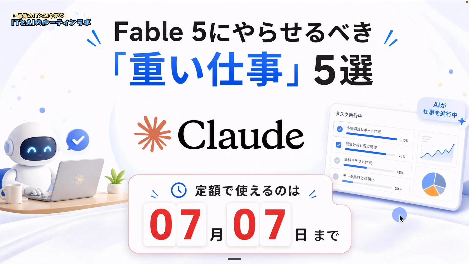 Claude Fable 5にやらせるべき重い仕事5選を解説する動画のオープニング画面