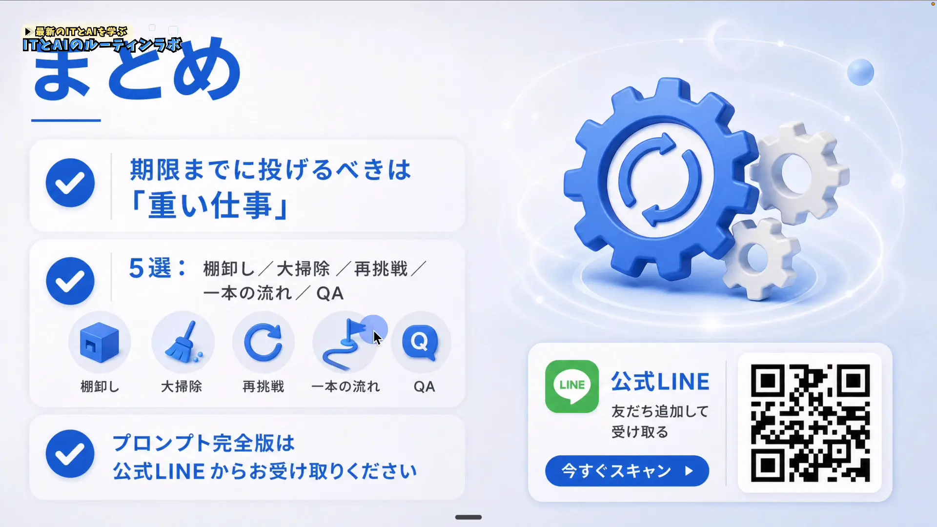 重い仕事5選の振り返りとプロンプト配布案内を示すまとめスライド
