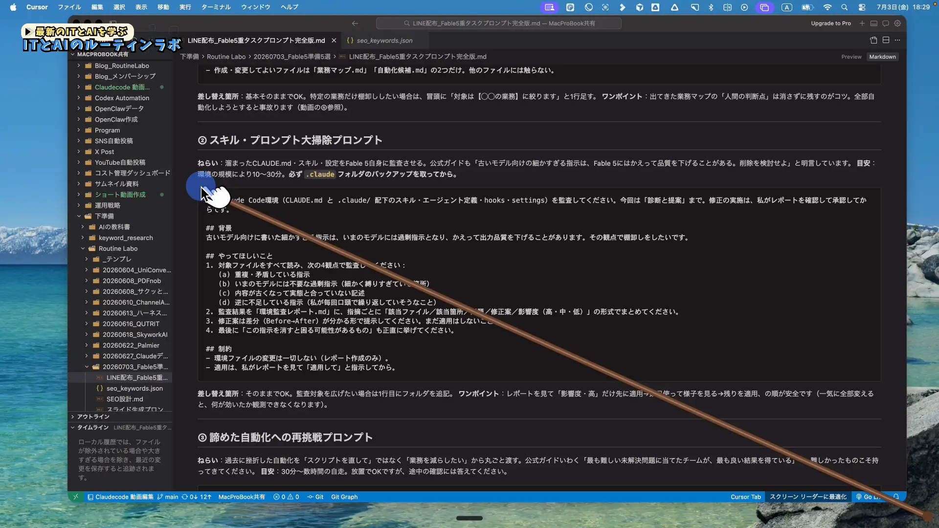 Claude環境の観察と古いスキルの削除・矛盾調整を指示する大掃除プロンプトの例