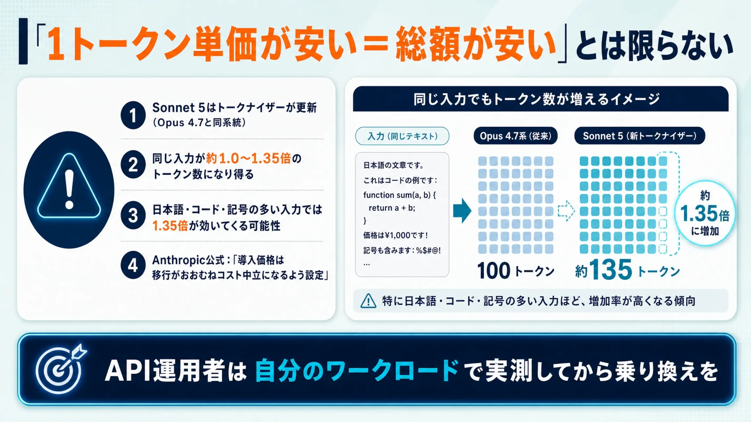 1トークン単価が安くても総額が安いとは限らないことを示す図解。同じ入力で約1.35倍になる例