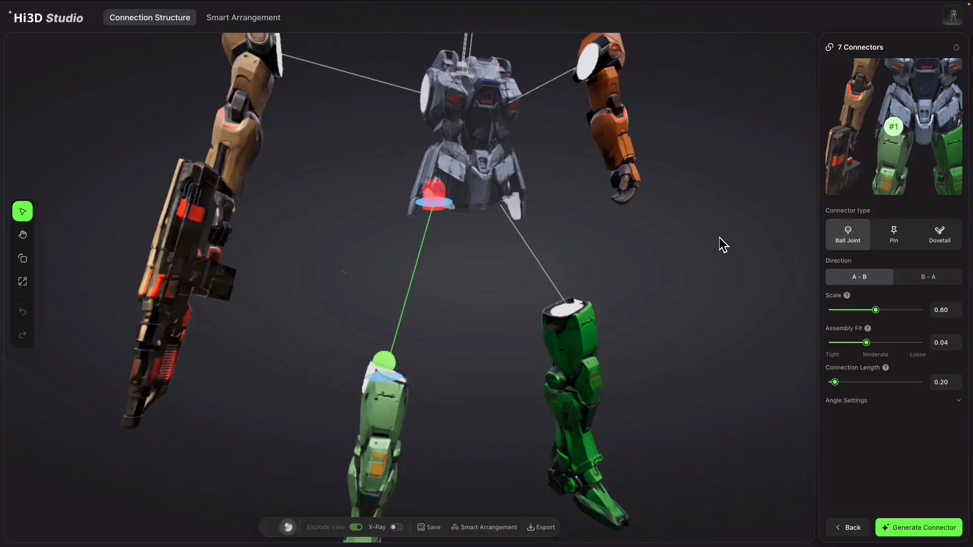 Hi3Dで生成したロボットの3Dモデルが可動パーツに分解された画面