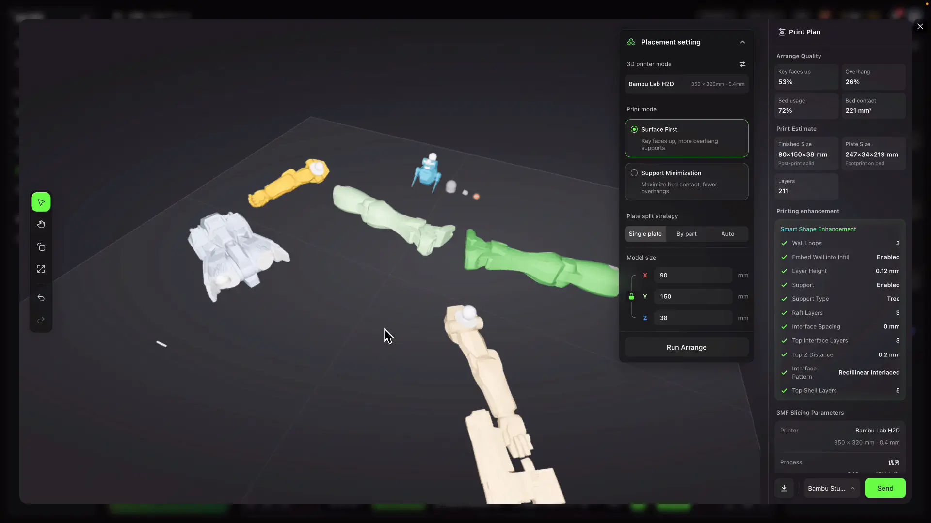 3Dプリンターのステージ上に分割したパーツを配置した画面