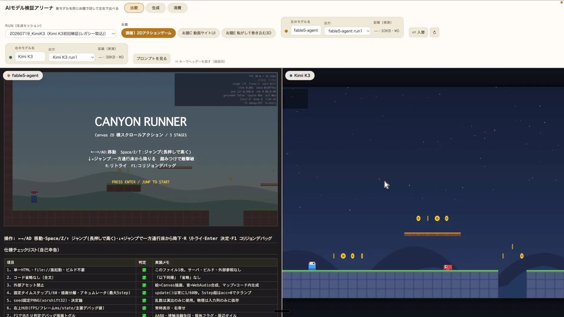 Kimi K3が生成した2Dアクションゲームのプレイ画面