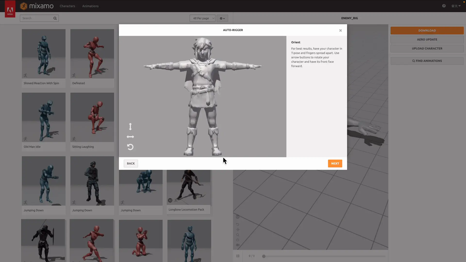 Mixamoのアップロード画面に主人公キャラクターを読み込んだところ
