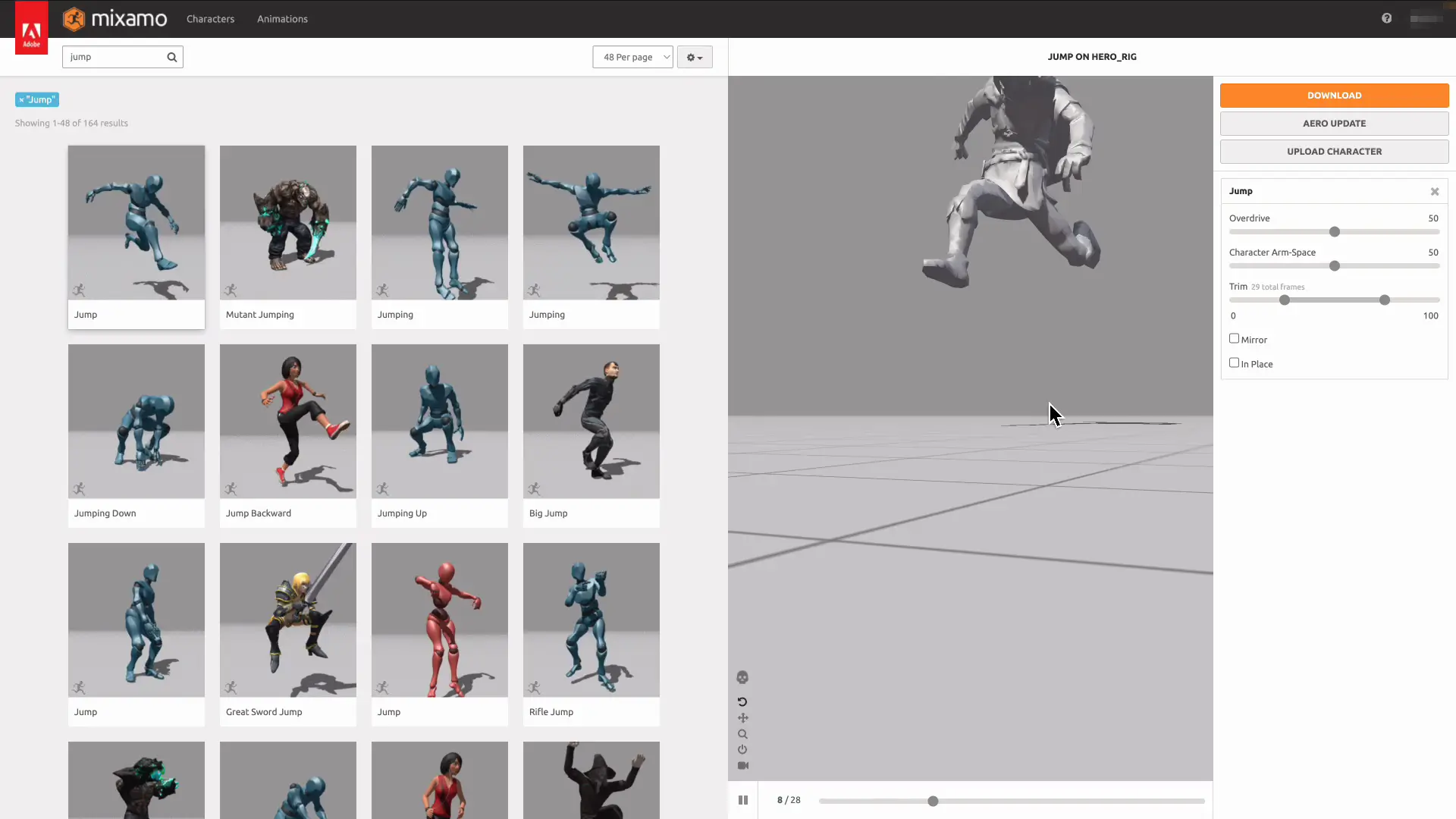 Mixamoでジャンプのアニメーションをプレビューしている画面