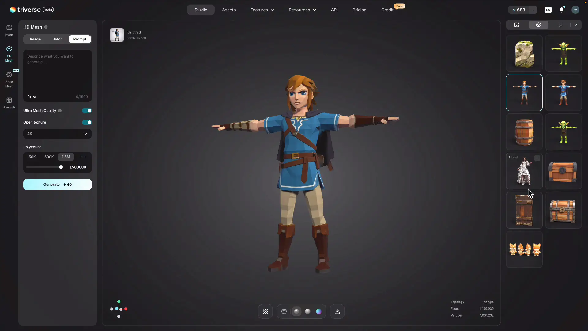 Triverse AIで生成した主人公キャラクターのTポーズ3Dモデル