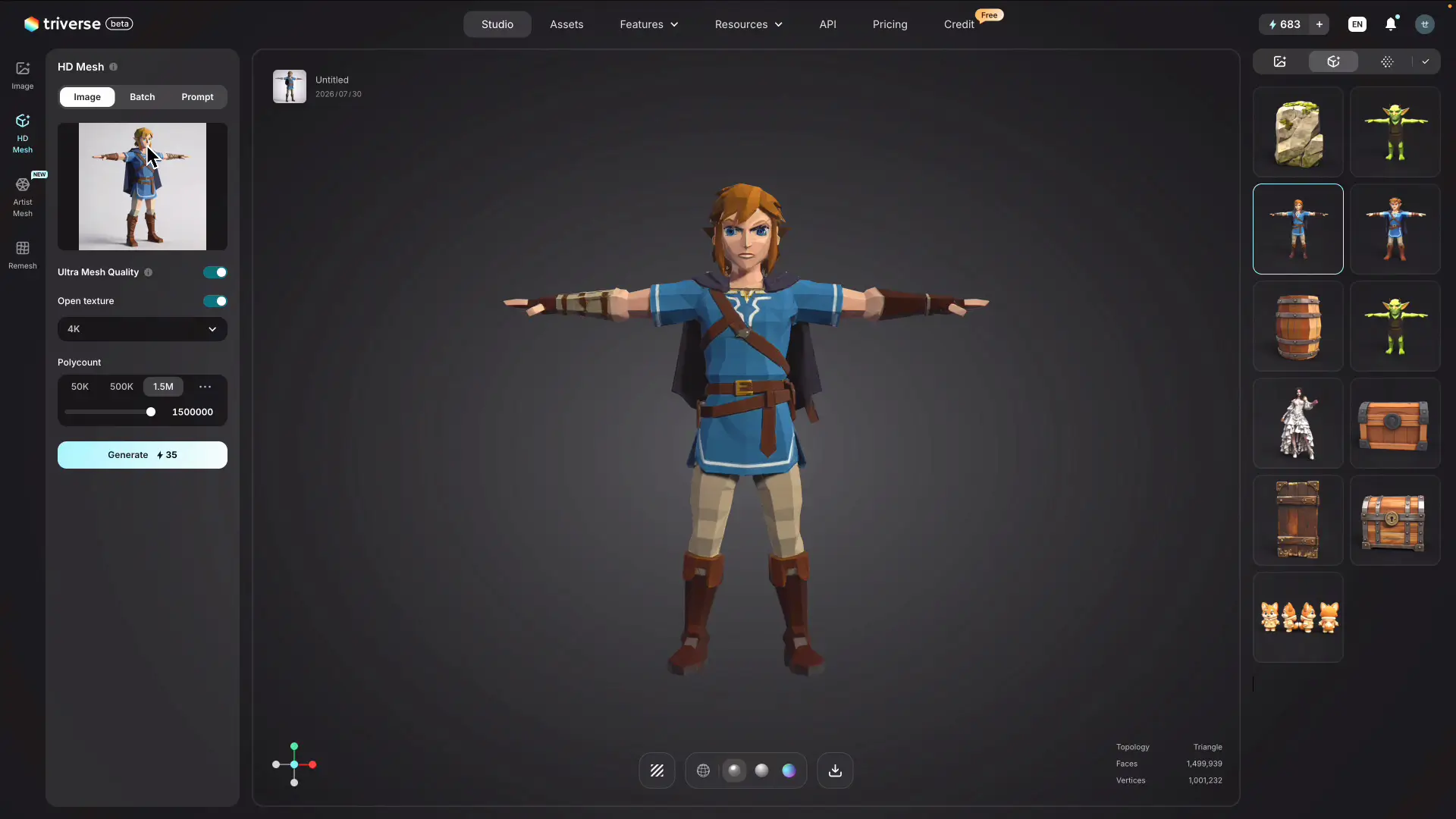 Image to 3DのHD Meshで画像を3Dモデルに変換しているところ
