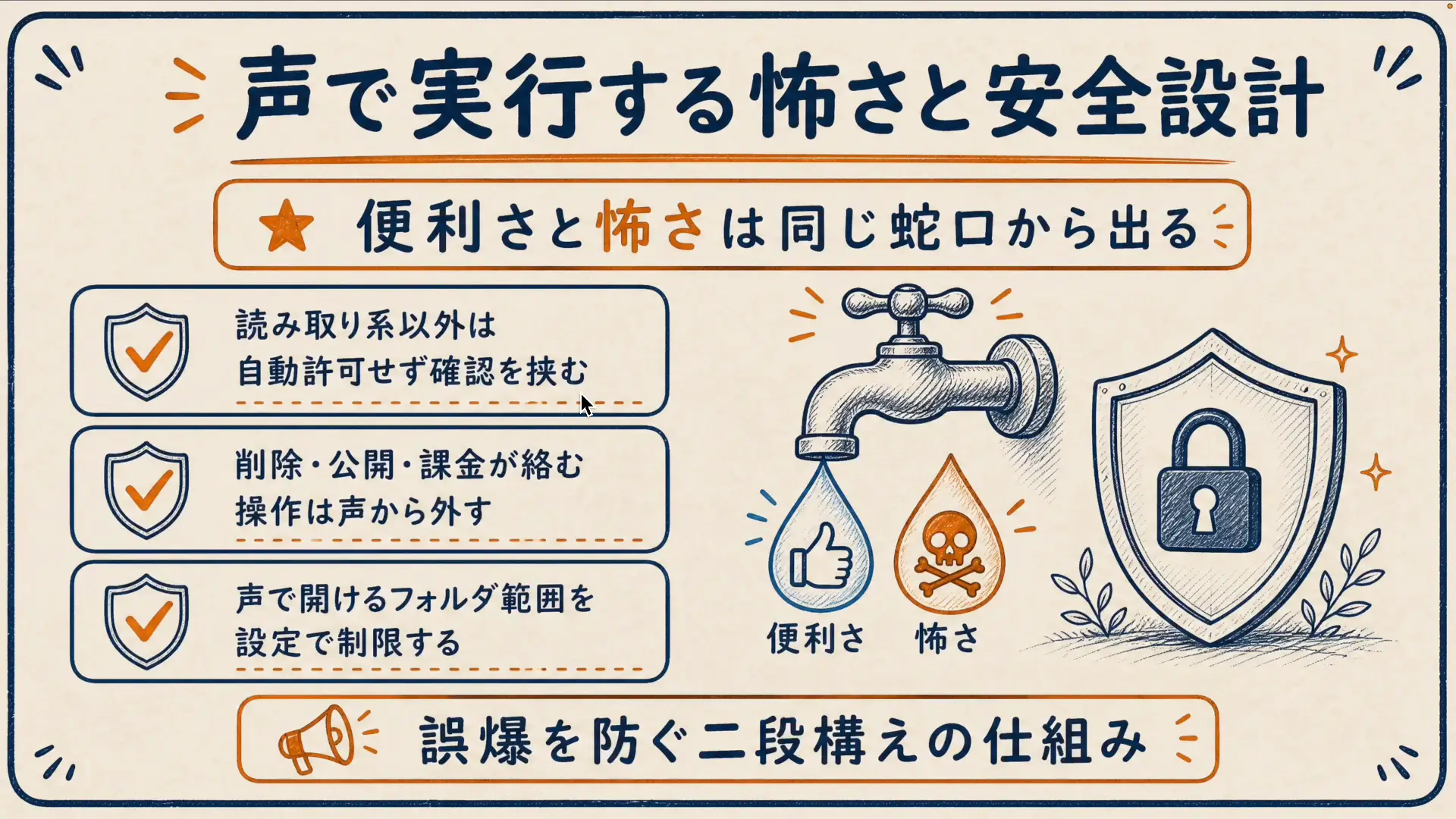 声で実行させない操作の範囲を説明している画面