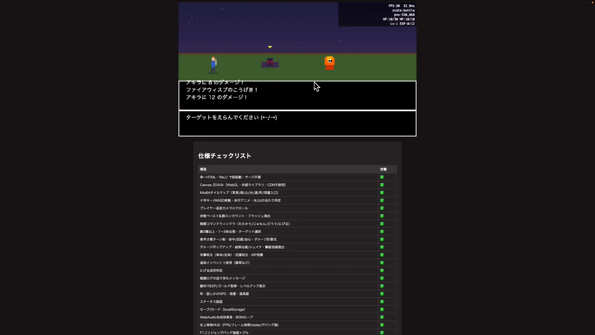 V4 Proが生成したドラクエ風RPGで敵の欄に主人公が並ぶ画面