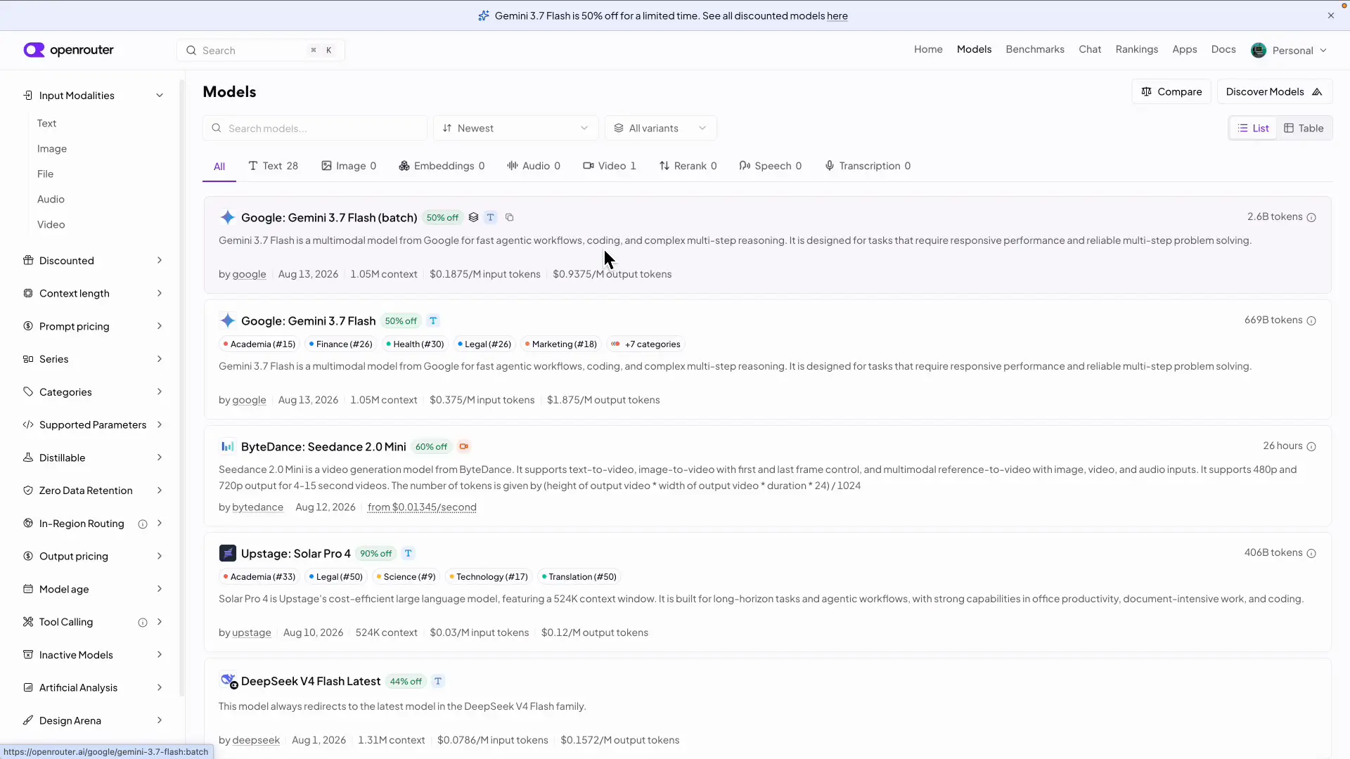 OpenRouterでGemini 3.7 Flashの入力と出力の単価を確認する画面