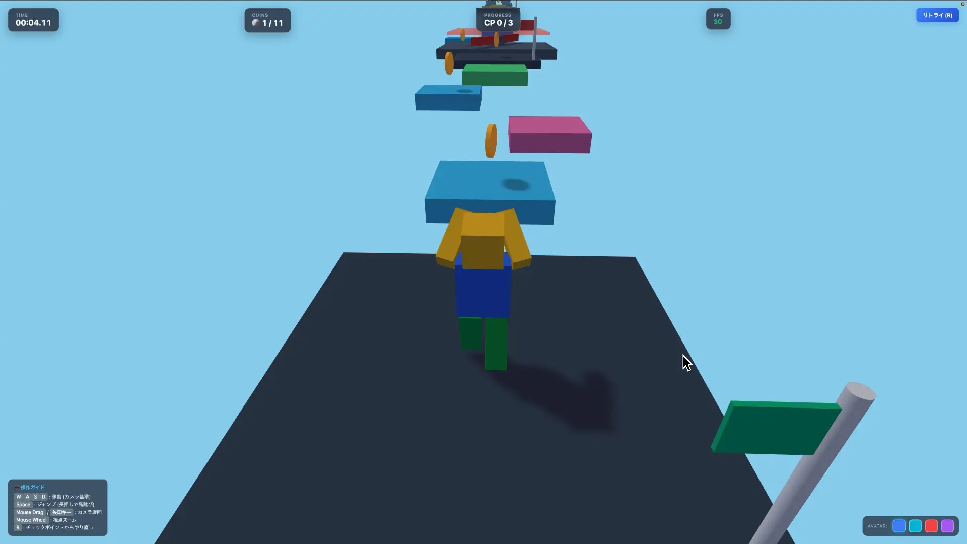 Gemini 3.7 Flashが生成した3Dアスレチックゲームをプレイしている画面
