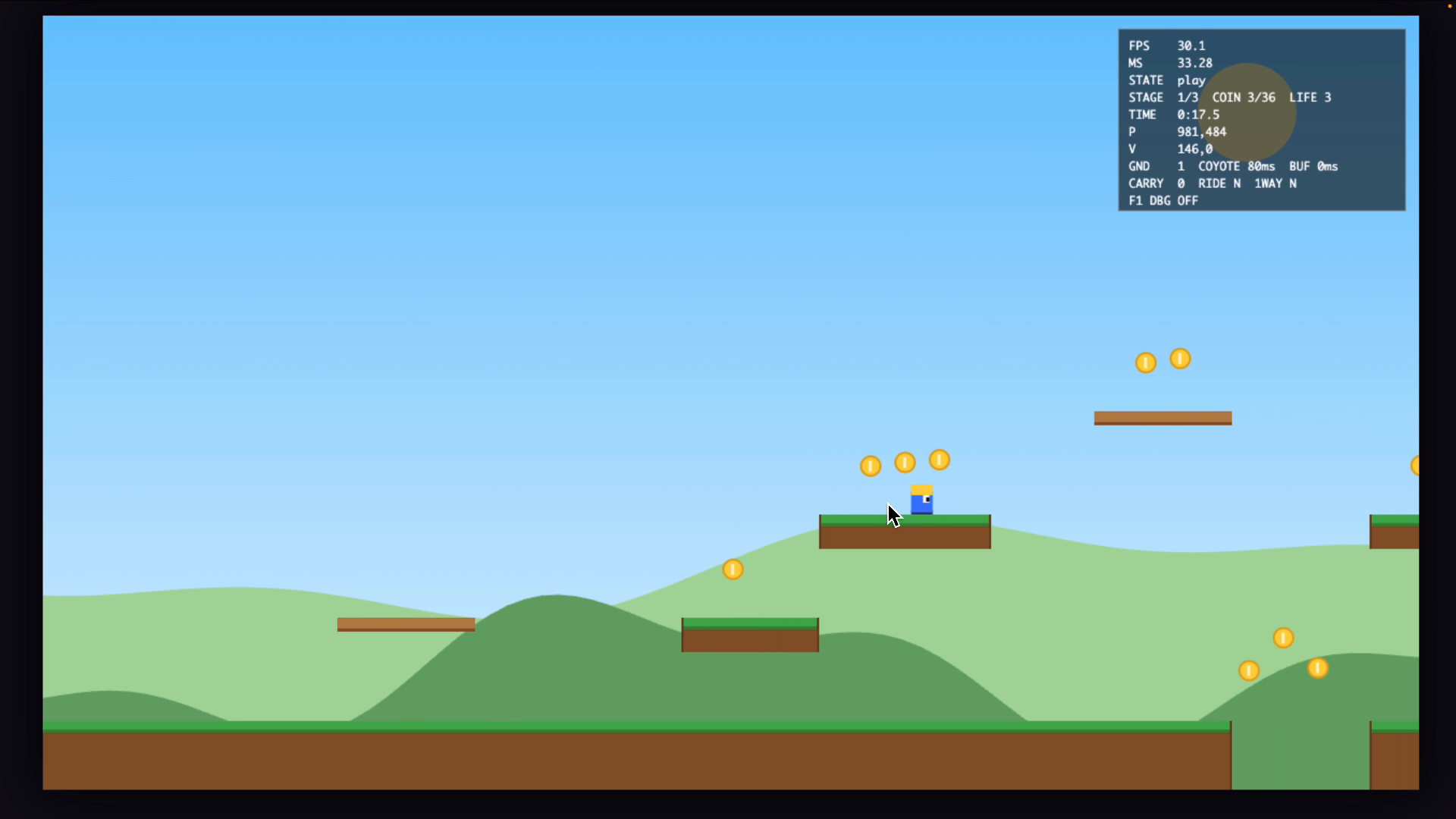 GLM-5.3-Flashが作った2Dアクションゲームの画面。主人公が上の足場に乗りコインが並んでいる
