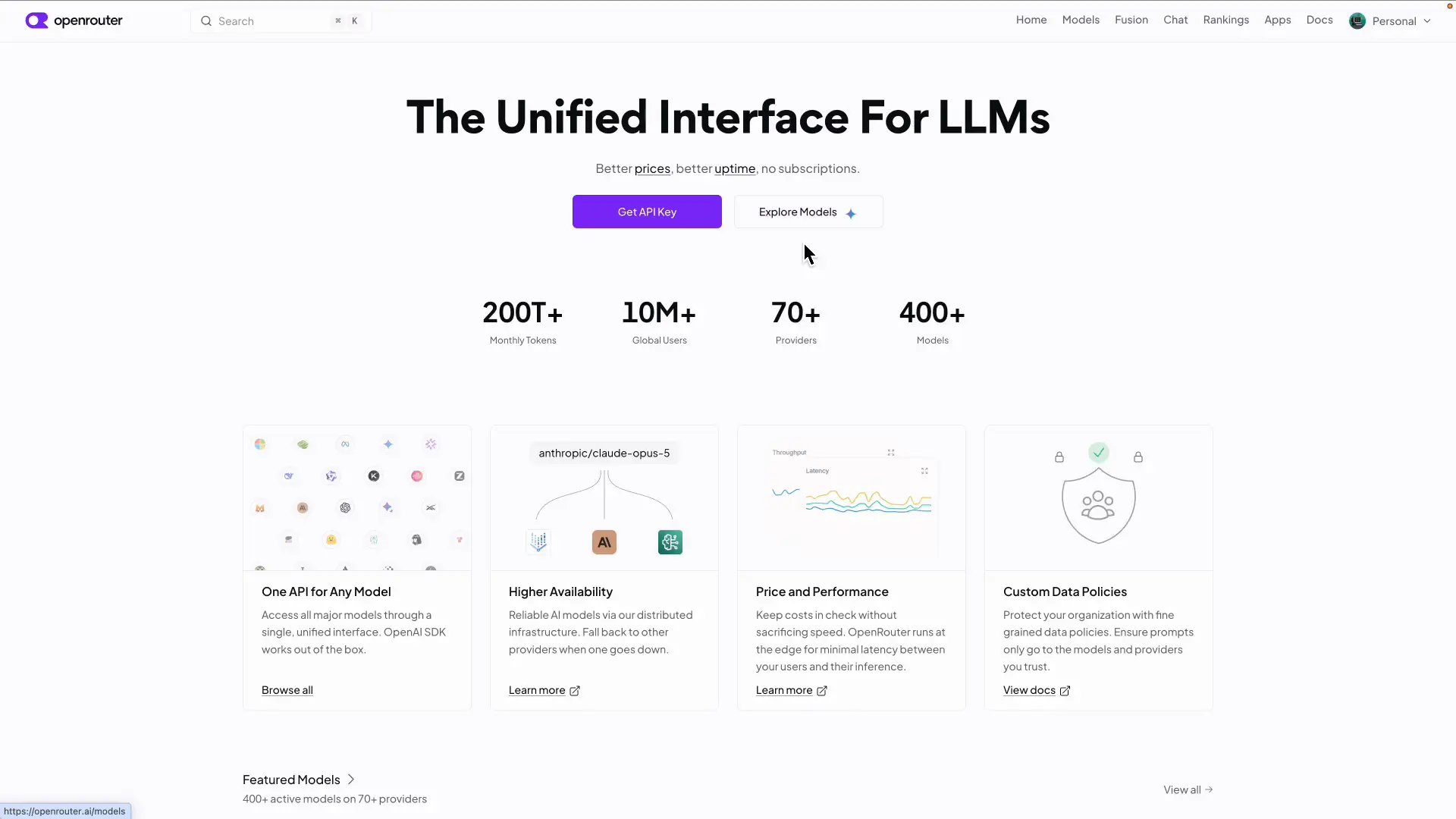 OpenRouterの公式サイトのトップページ
