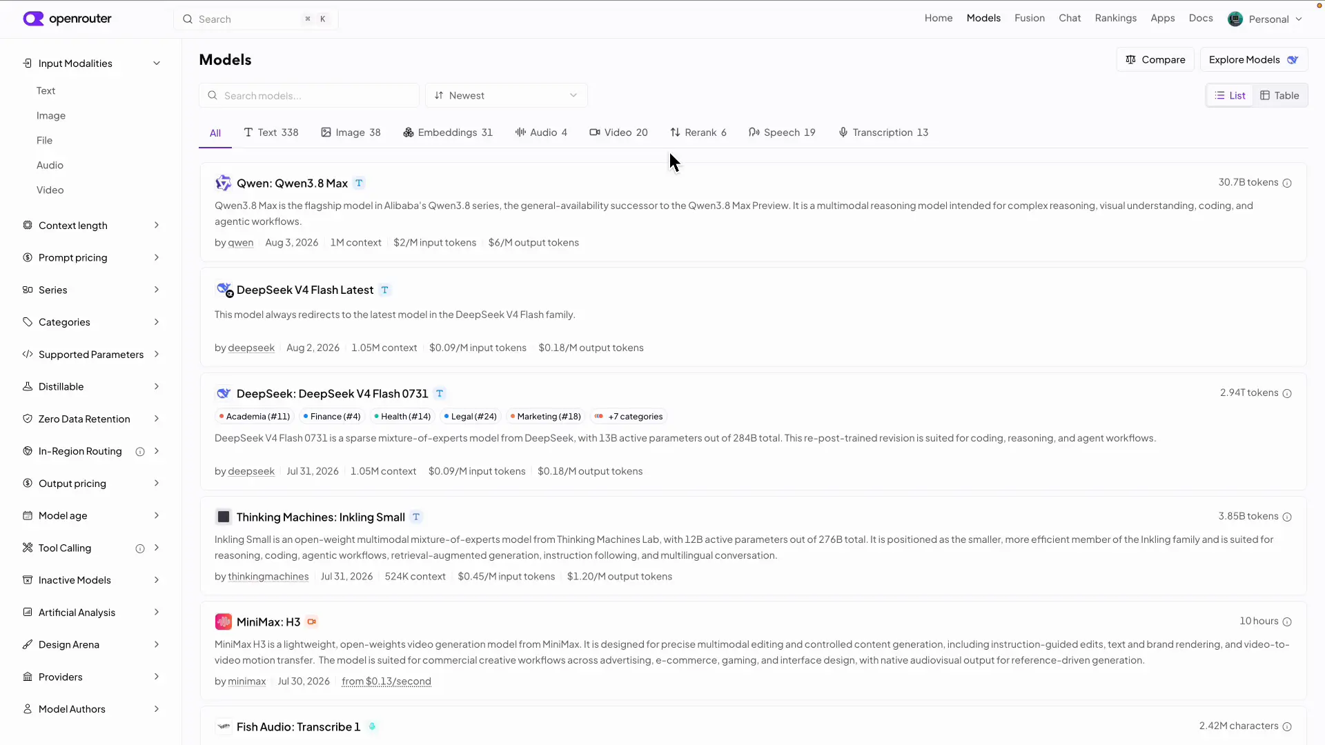 OpenRouterのExplore Modelsでオーディオ系モデルを表示した画面