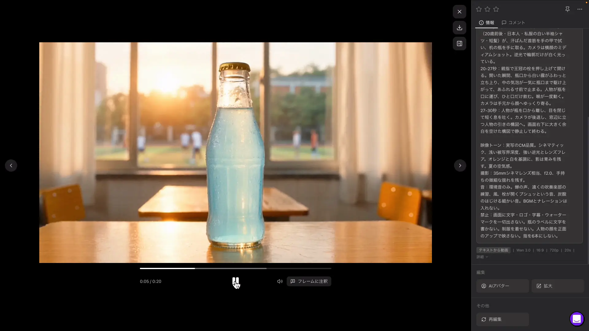 同じプロンプトで生成した3モデルの動画を見比べる画面
