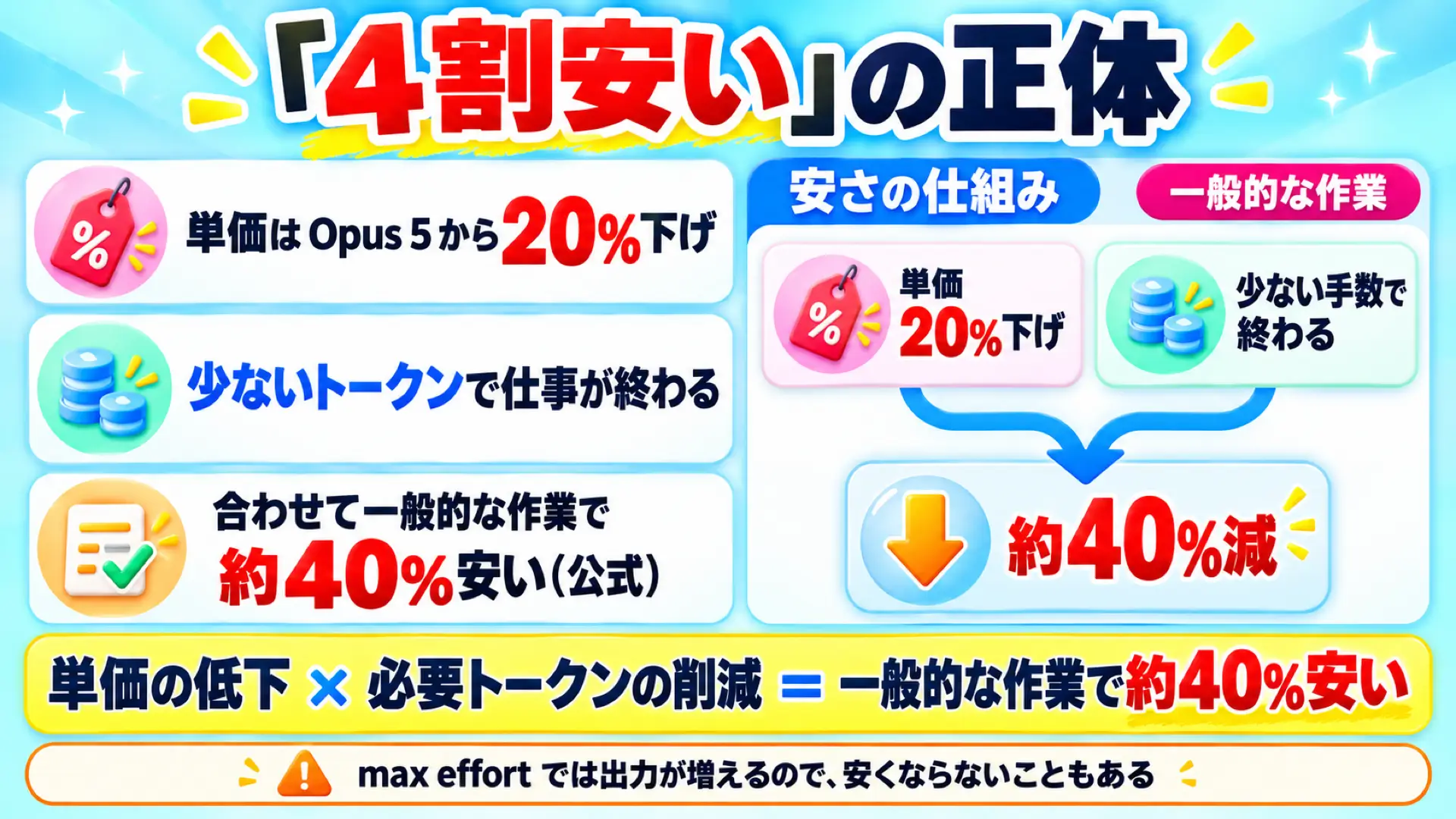 Opus 5より40%安いの内訳。単価20%下げとトークン効率の組み合わせ