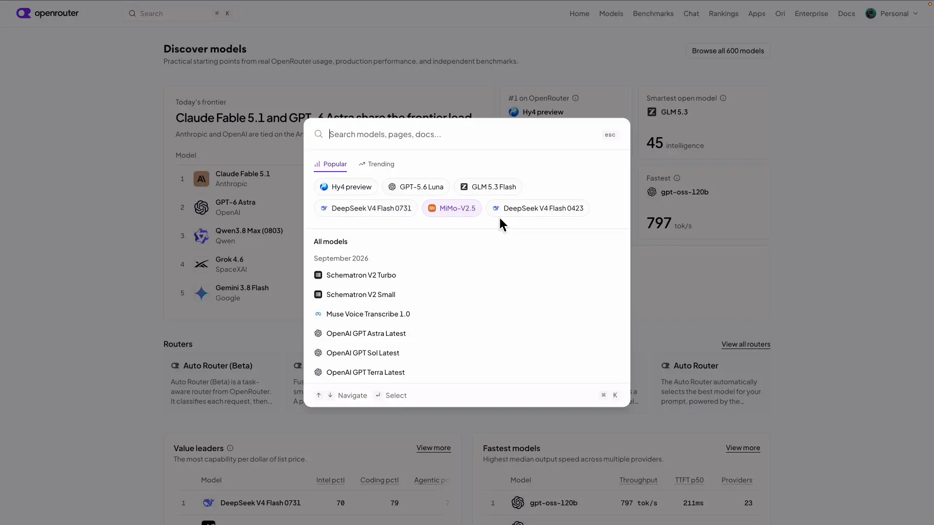 OpenRouterでDeepSeek V4.1 Flashを探しているモデル一覧の画面
