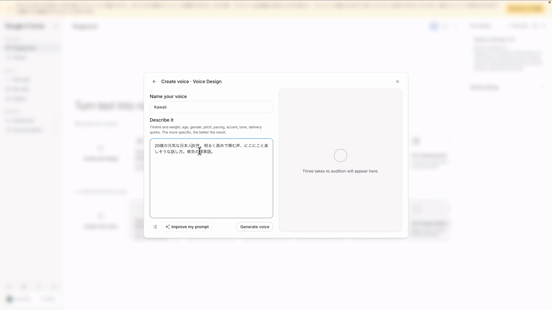 Voice DesignのDescribe itに声の説明を入力した画面