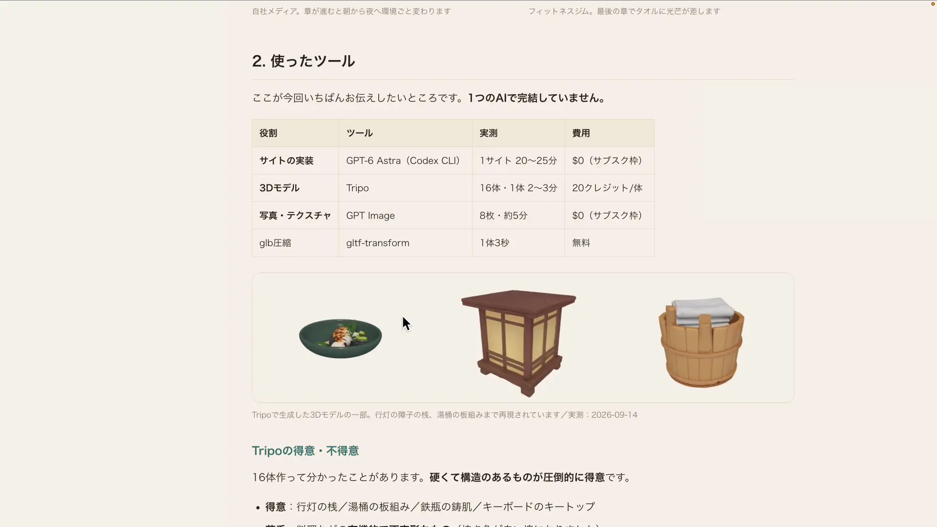 Tripoで生成した3Dモデルの比較。桶や行灯と魚料理を並べた一覧
