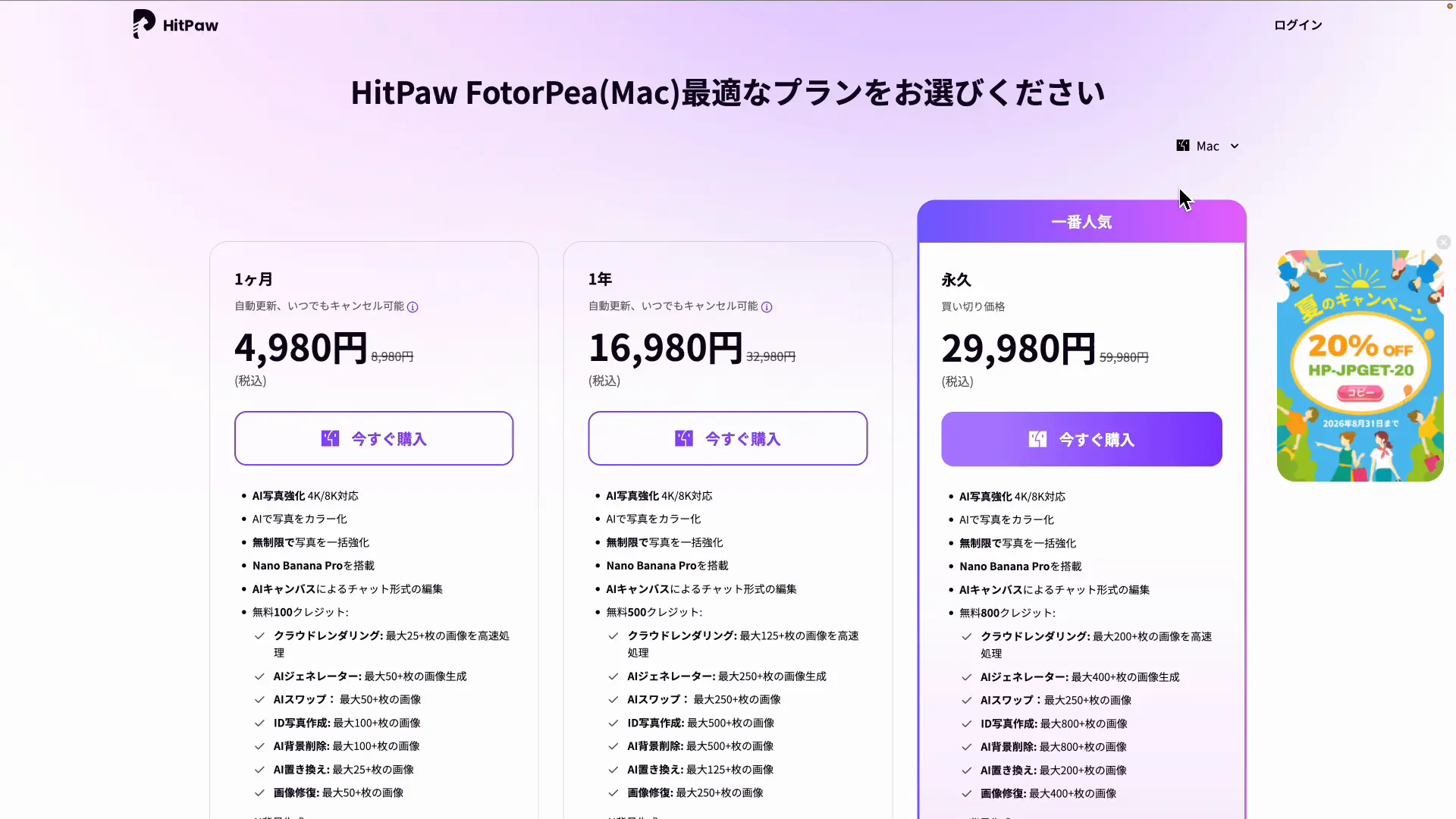 1ヶ月・1年・永久ライセンスが並ぶ料金プラン画面