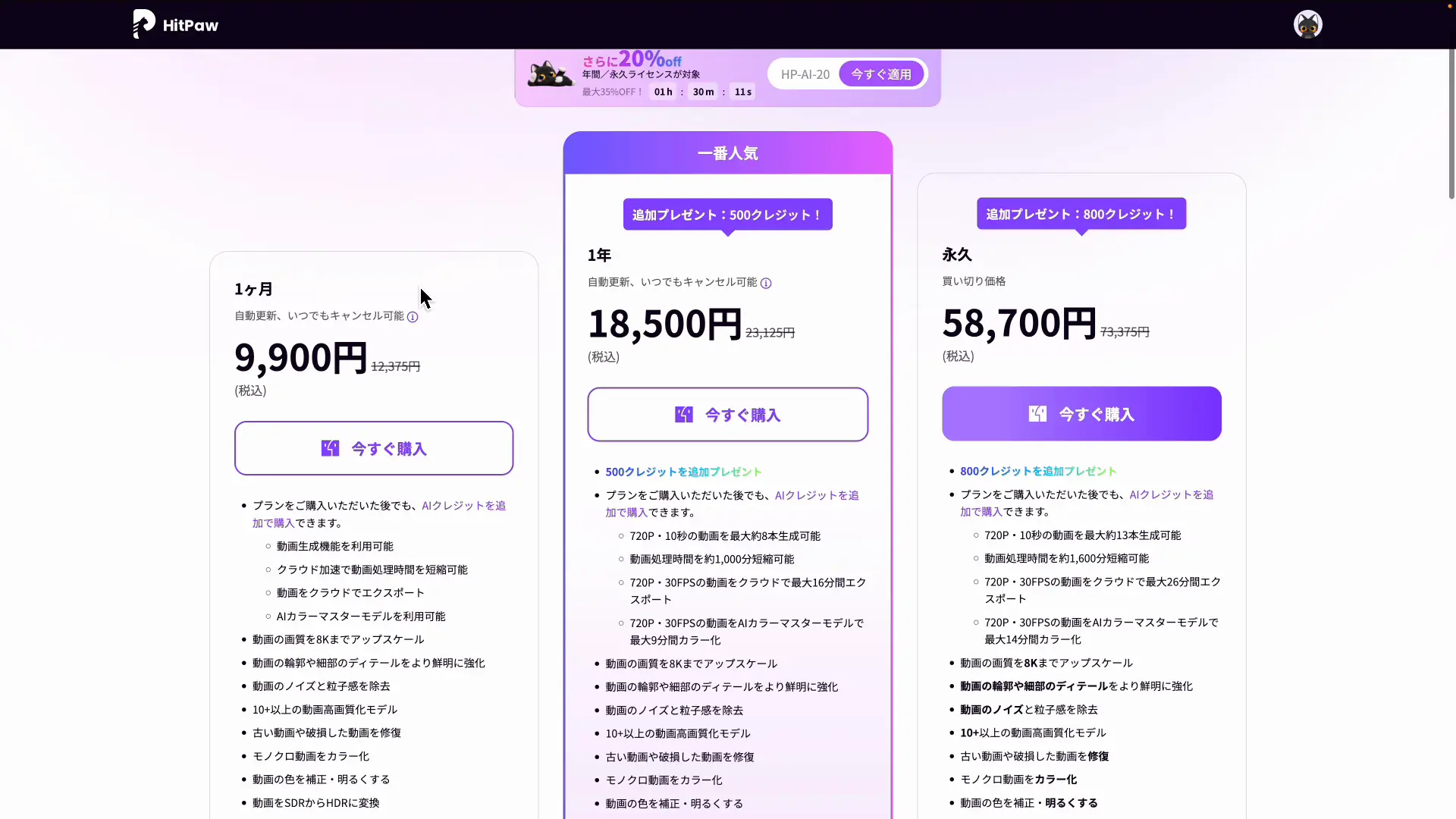 1ヶ月・1年・永久ライセンスが並ぶ料金プランの画面