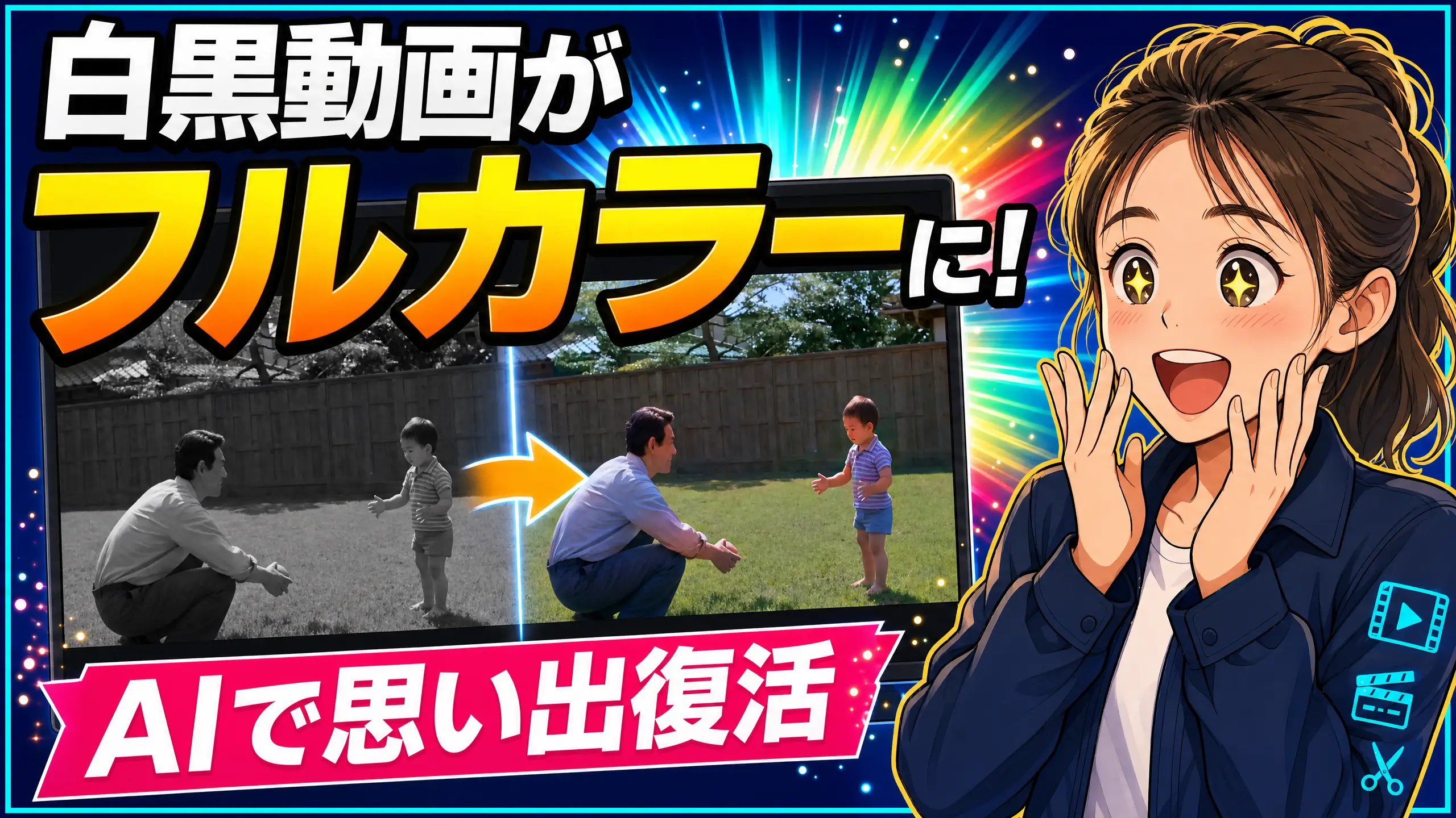 白黒の動画がフルカラーに復元されたビフォーアフター