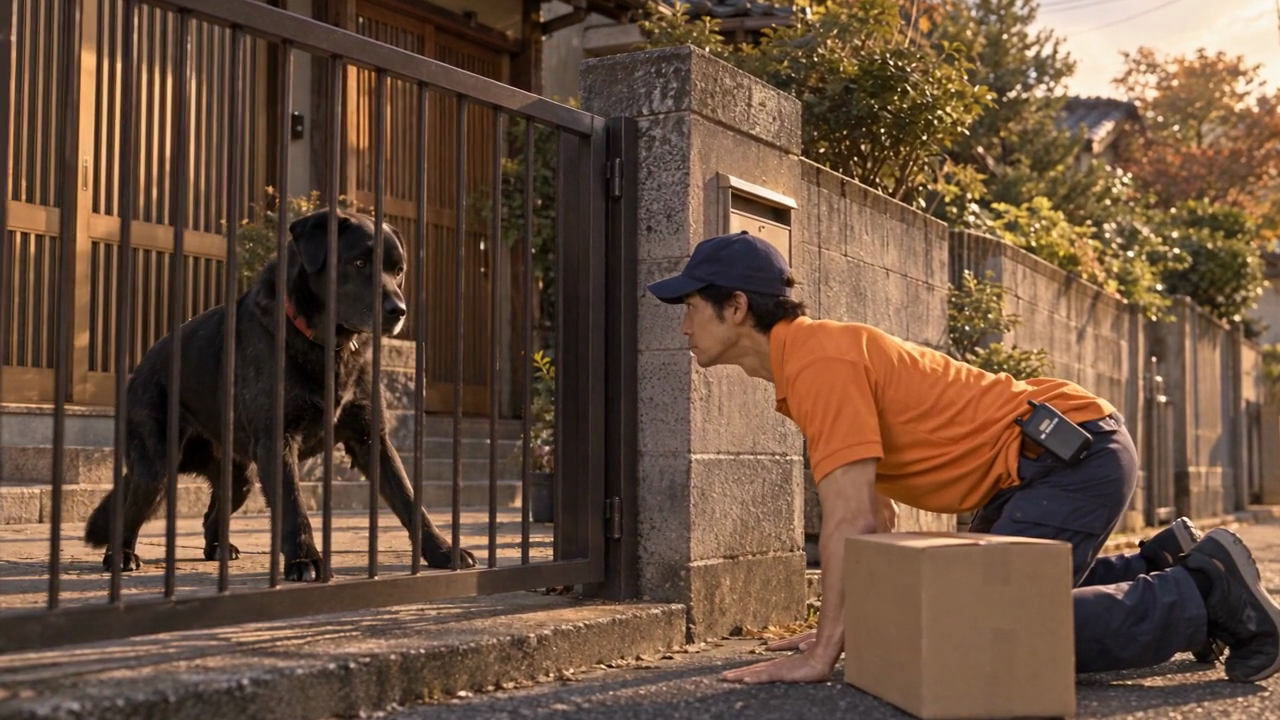 AZ8で作ったゲームのミッション5で番犬に向き合う宅配のお兄さん