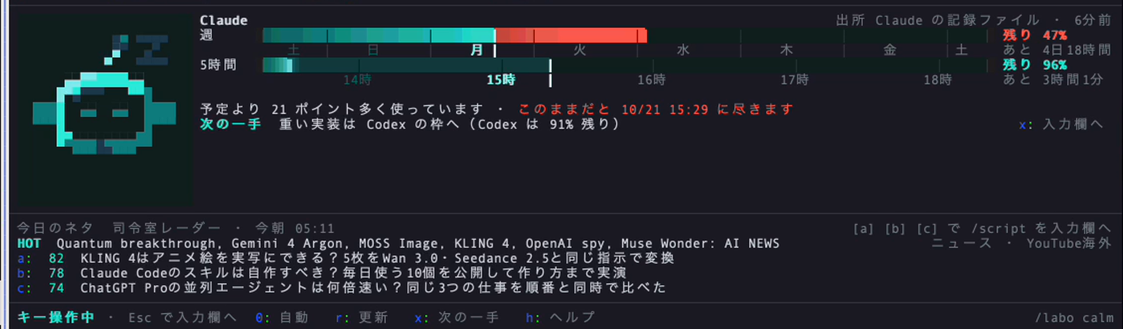 Claude Codeの横に自作したパネル(ジャーヴィス・使用量・今日のネタ)