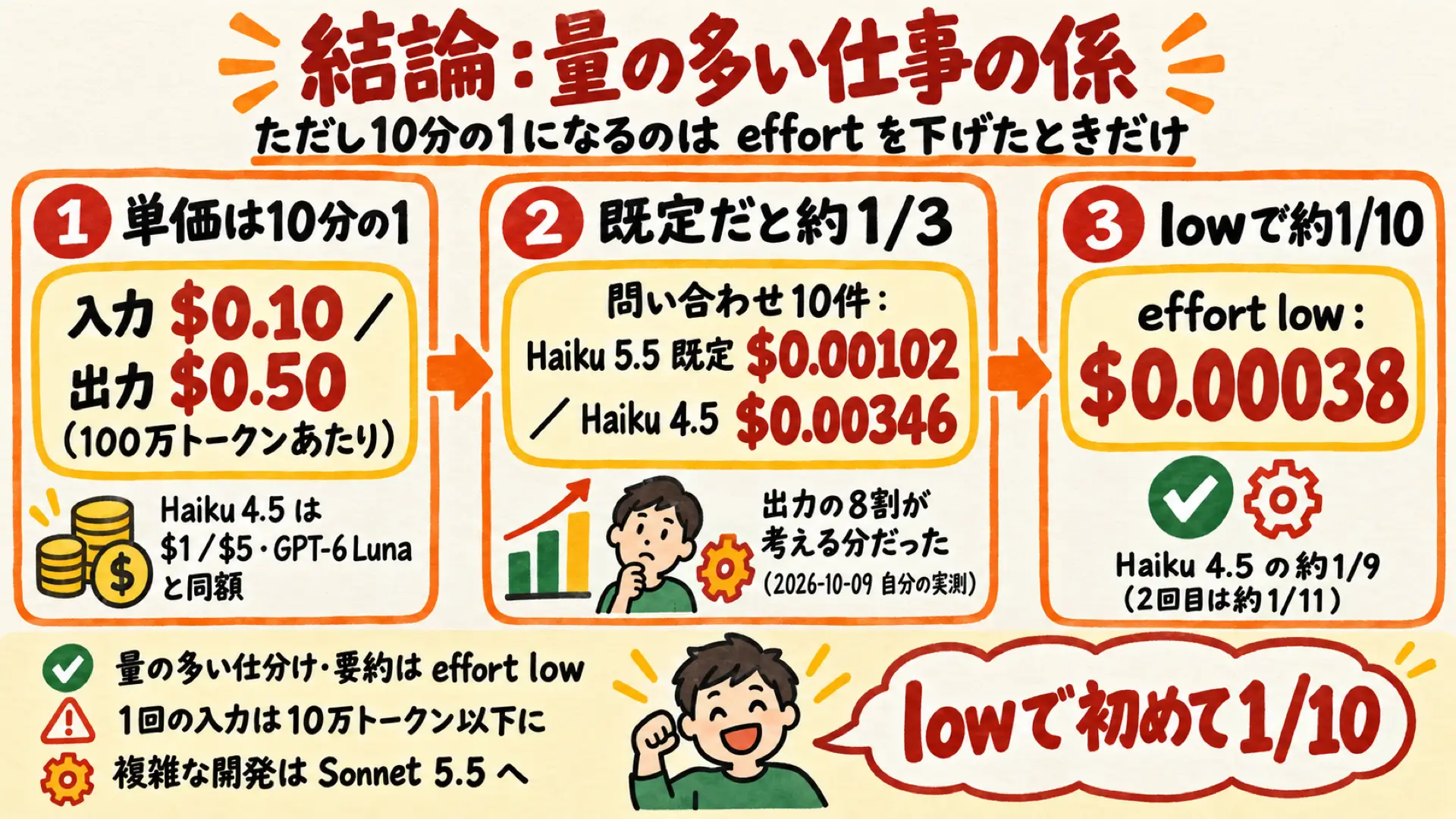 Claude Haiku 5.5の結論をまとめた図(単価は10分の1・既定だと約3分の1・lowで約10分の1)