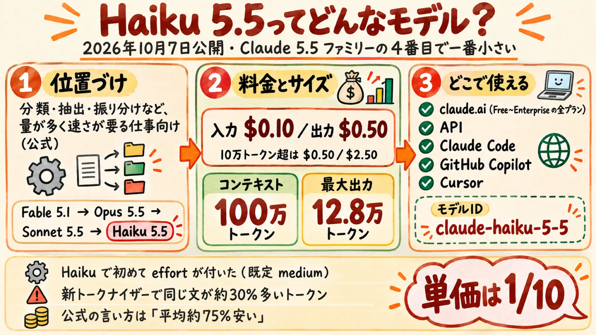 Claude Haiku 5.5の位置づけ・料金・コンテキストと使える場所をまとめた図