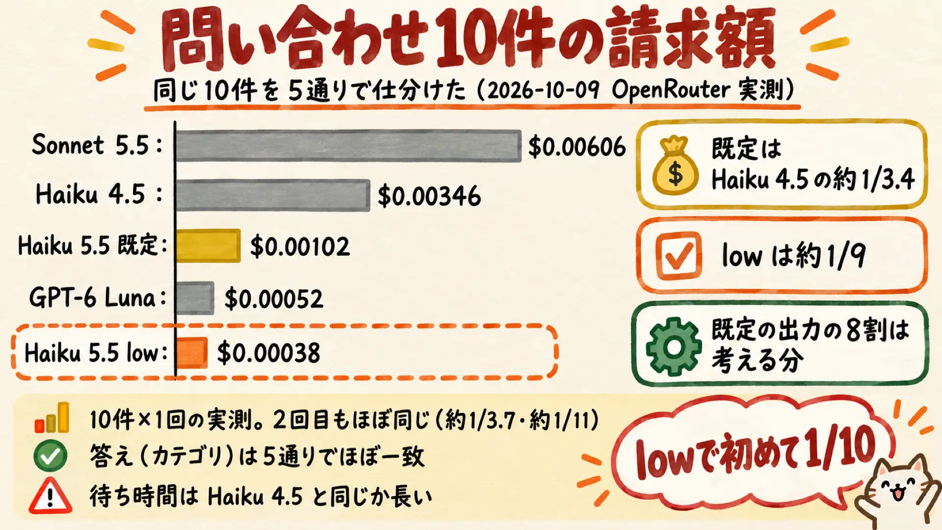 問い合わせ10件の仕分けにかかった請求額を5通りで比べたグラフ