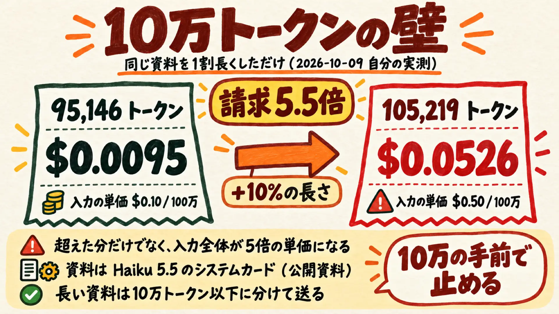 プロンプトが10万トークンを超えると請求が5.5倍になった実測の図