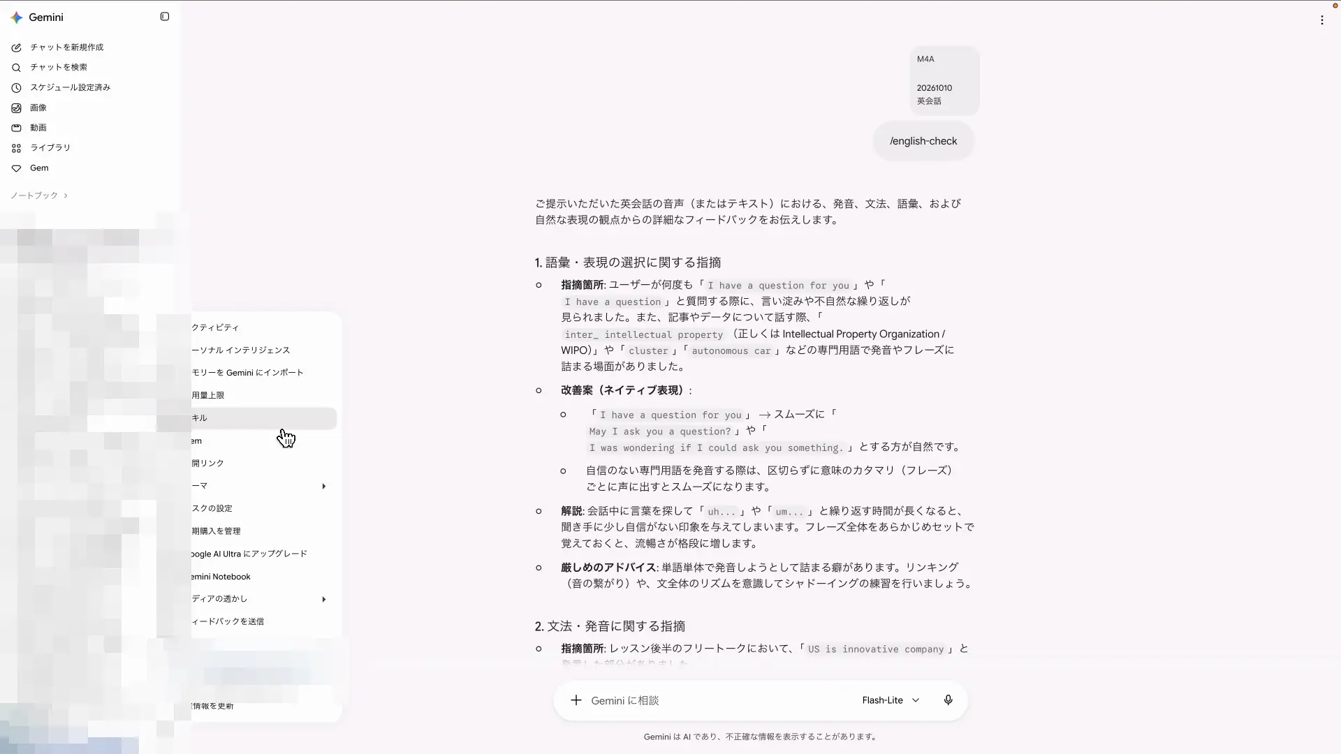 Geminiの左下の歯車から開いた設定メニュー