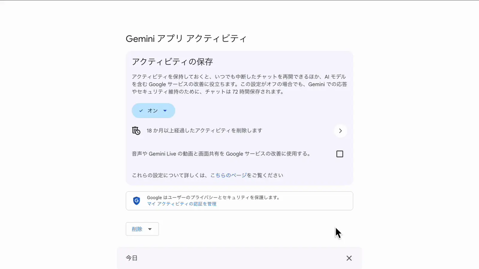 Geminiアプリ アクティビティの保存をオンにした画面