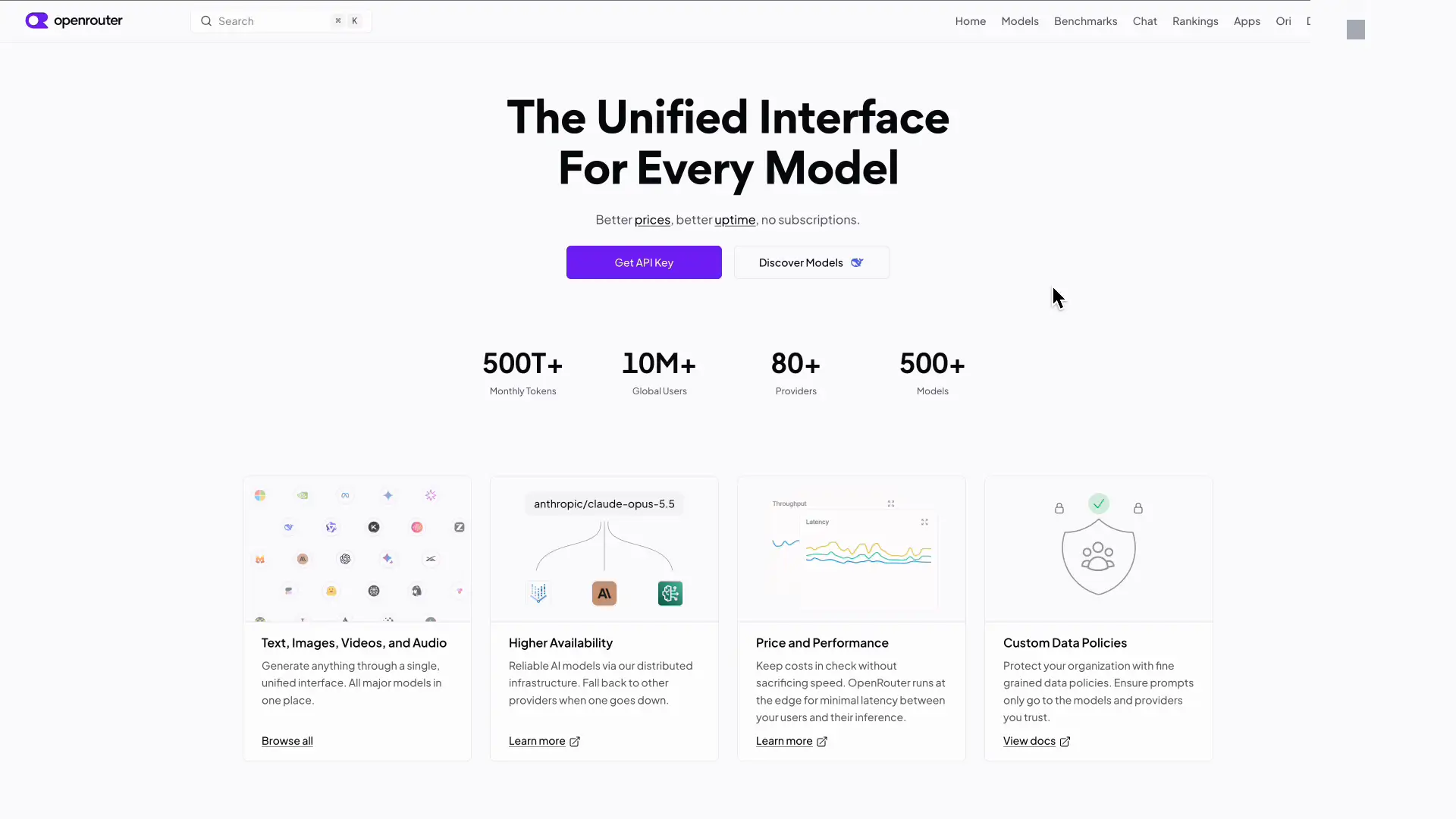 OpenRouterのトップページ。複数社のAIモデルを1つのAPIで呼び出せる