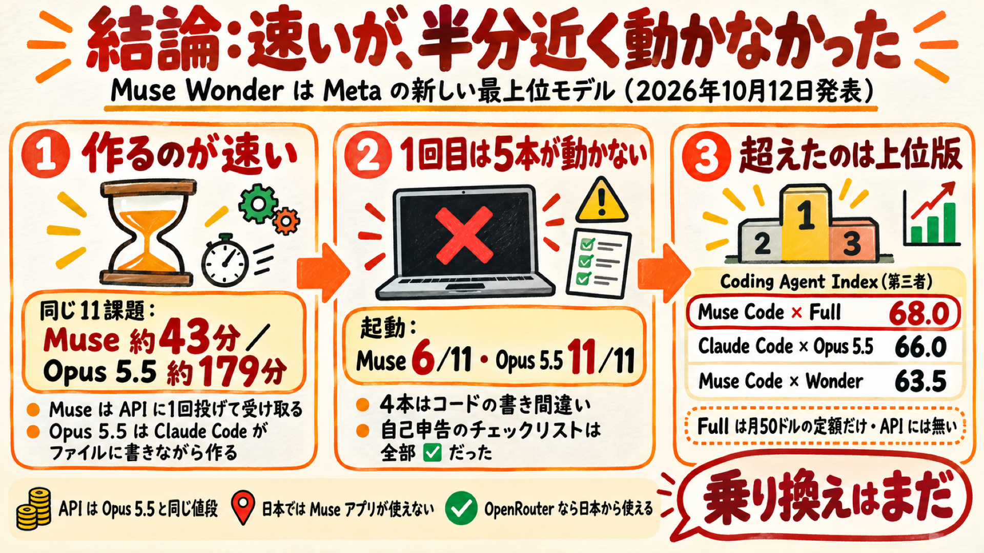 Muse Wonderの結論をまとめた図(速いが1回目は半分近くが動かなかった)