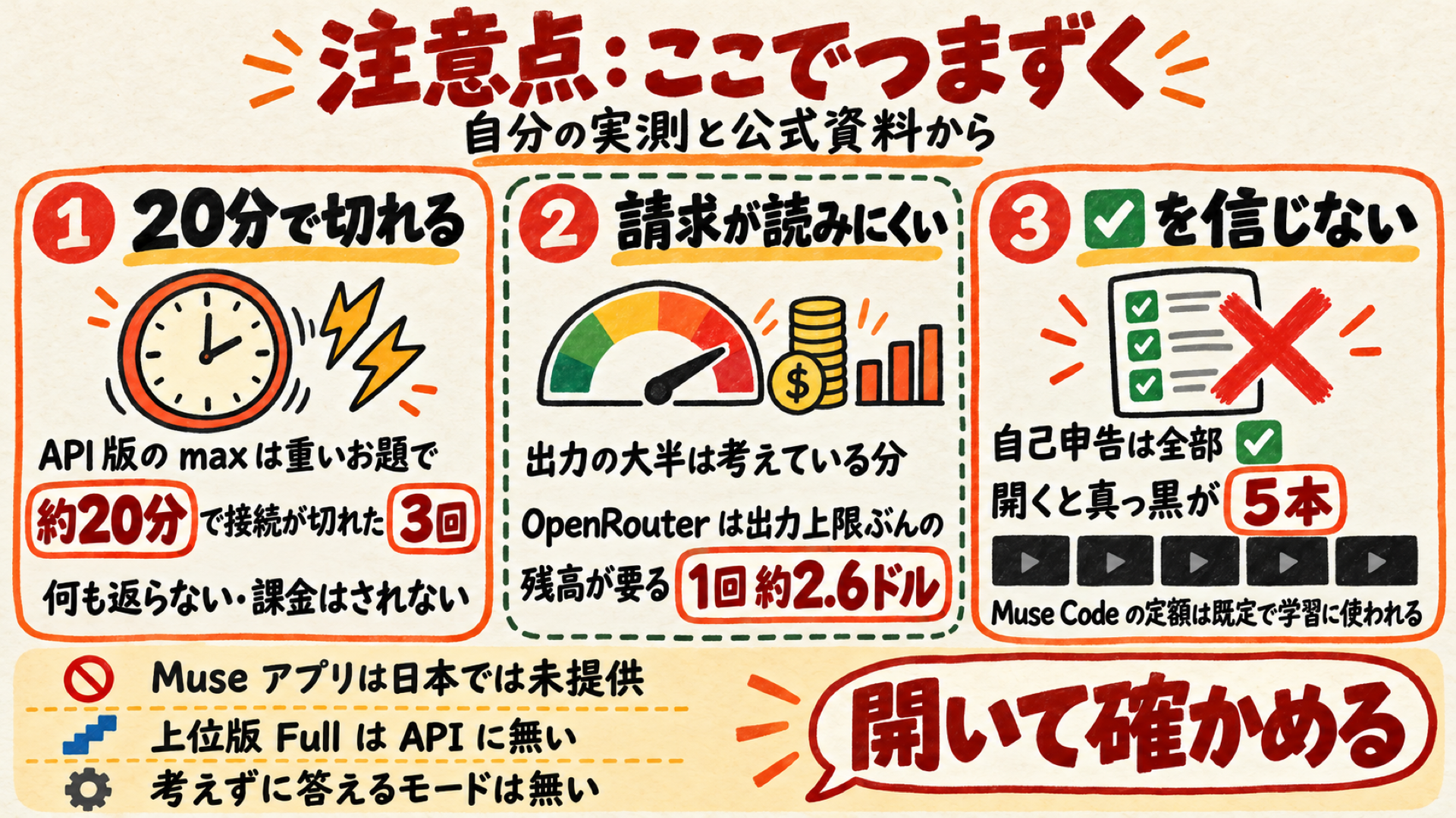 Muse Wonderを使うときの注意点をまとめた図(20分で切れる・請求が読みにくい・自己申告を信じない)