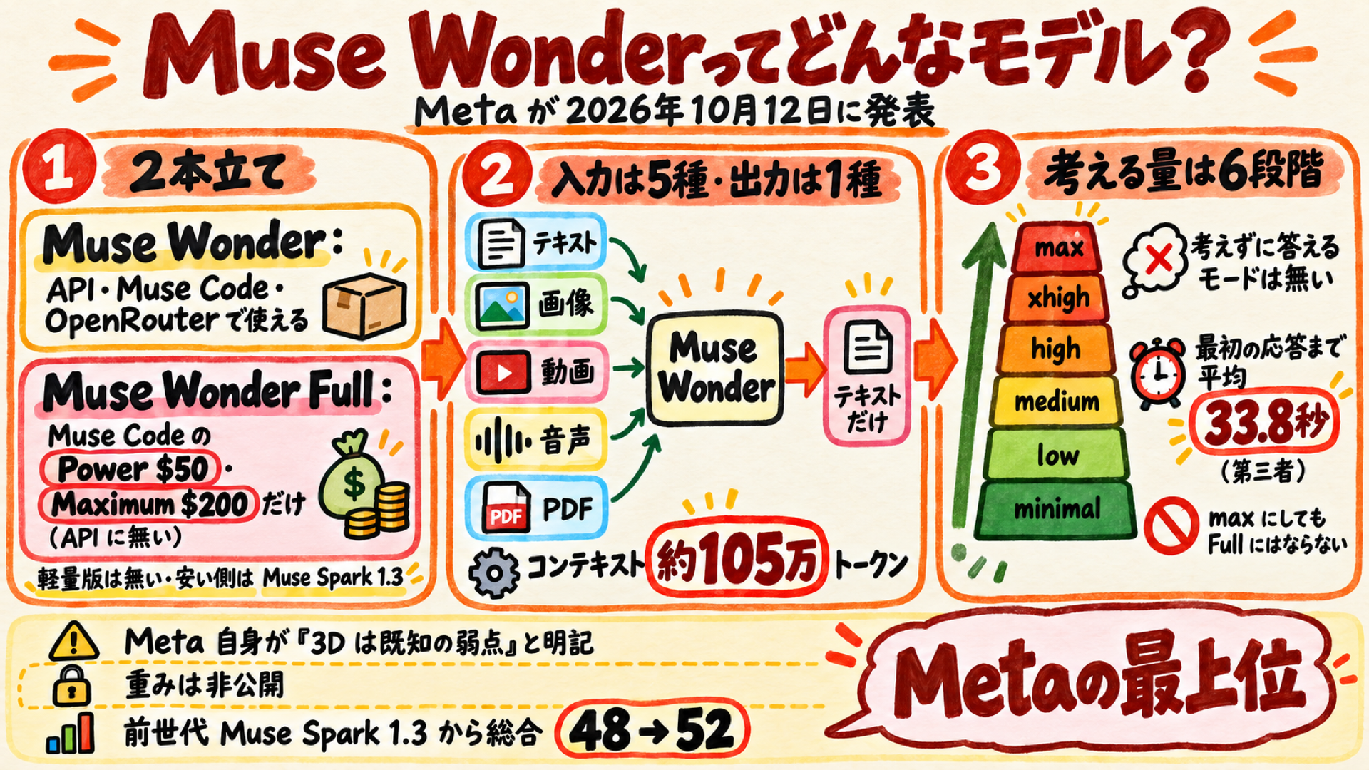 Muse Wonderの概要をまとめた図(Wonderと上位版Full・入力・コンテキスト・effort)