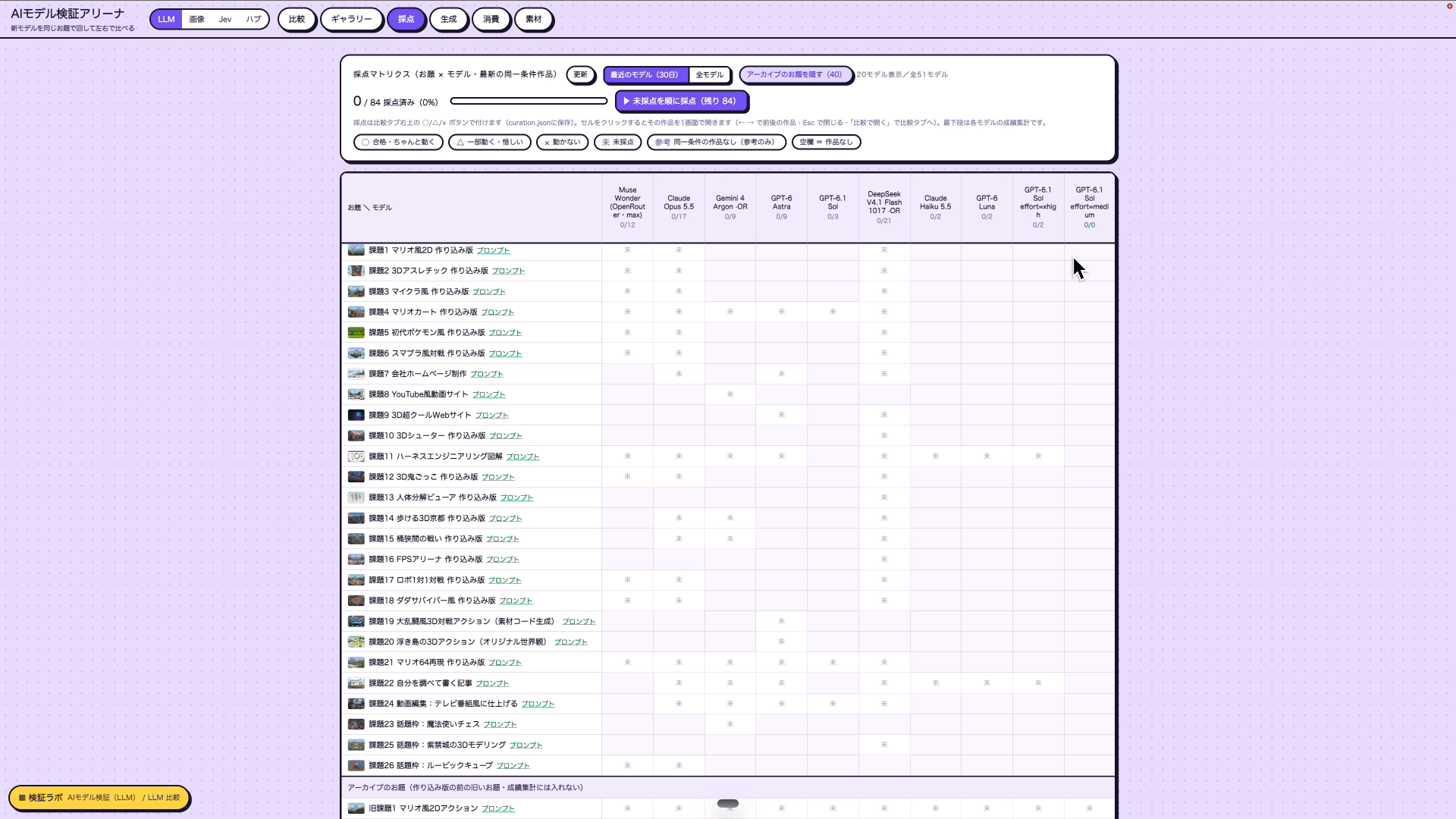 検証用サイトの採点画面(課題の一覧とMuse WonderやClaude Opus 5.5などのモデルの列)