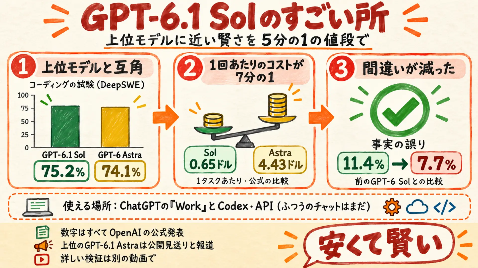 GPT-6.1 Solのすごい所3つ。上位モデルと互角の性能・約7分の1のコスト・事実の誤りの減少