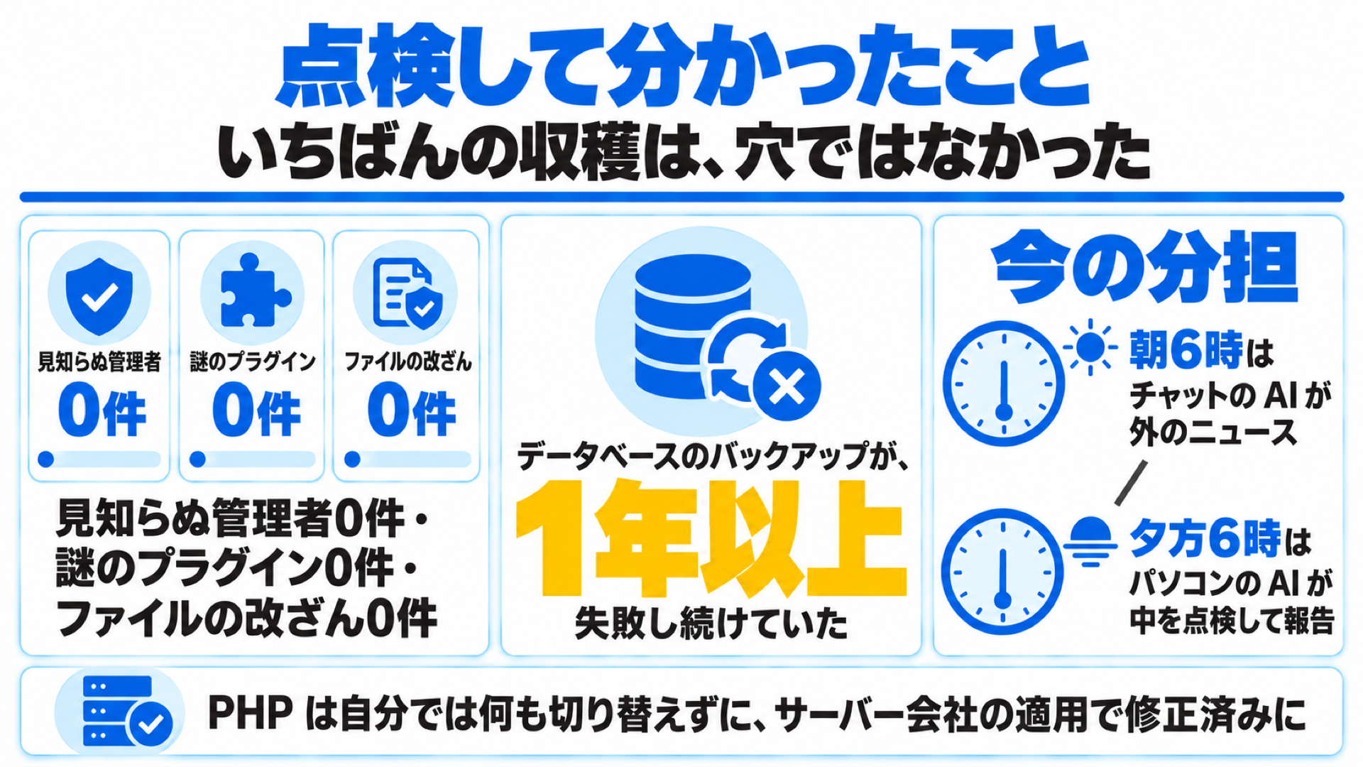 AIで点検して分かったこと(管理者・プラグイン・改ざんは0件、データベースのバックアップが1年以上失敗)